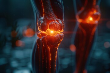 The image artistically represents a knee joint with a glowing red emphasis, symbolizing pain or inflammation in a visually striking manner