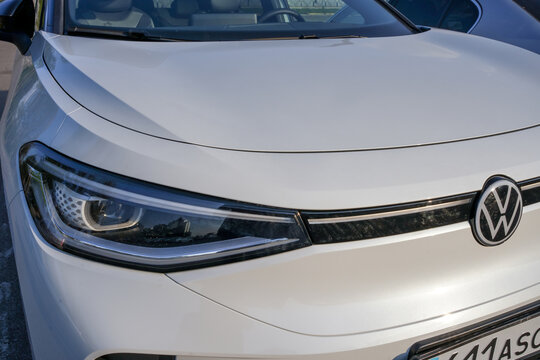 Almaty, Kazakhstan - May 4, 2023: The right headlight of a Volkswagen ID.4 car