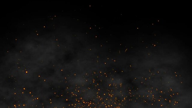 Fire embers particles over yellow and orange smoke on black background. Abstract dark glitter fire particles lights. Bonfire in motion blur.