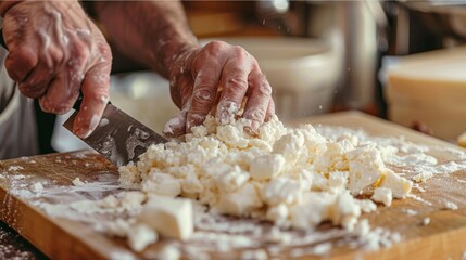 Artisan cheesemaker cutting curd for making fresh ricotta in a cheese factory