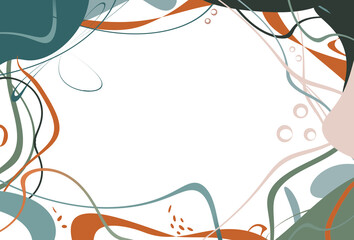  abstract background in dark teal -burn orange colors with frame from curved lines differend forms. Flat lay. Free copy space.