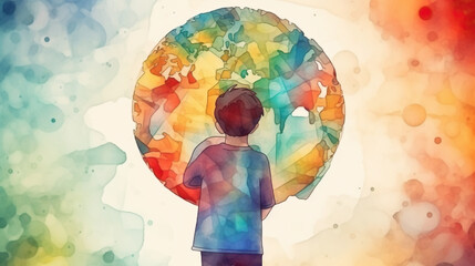 World autism awareness day card or banner, autistic kid  with colorful world globe art 