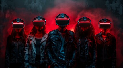 Mysterious Group in VR Headsets with Red Illumination