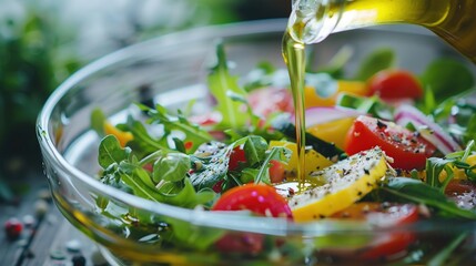 Vegetable salad dressed with vegetable oil. Food and cooking background - obrazy, fototapety, plakaty