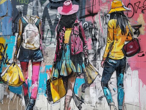 Street style montage, chalk fashion sketches come to life in graffiti hues, urban wardrobe