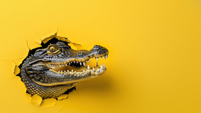 An intimidating crocodile rips through a yellow paper background, emphasizing its powerful jaws and sharp teeth