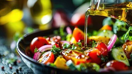Vegetable salad dressed with vegetable oil. Food and cooking background - obrazy, fototapety, plakaty