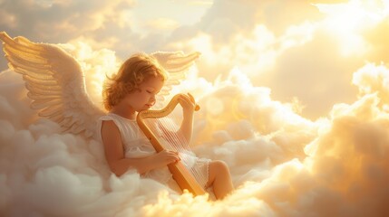 Cute baby girl angel with wings playing harp in cloud in sky