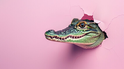 Close-up of an alligator head breaking through a pink wall implying fearlessness and boldness - obrazy, fototapety, plakaty