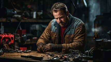 Experienced car mechanic skillfully fixing vehicle in professional workshop environment