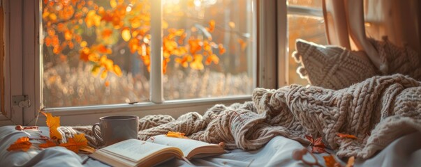 A cozy autumn scene with a blanket, a book, and a hot beverage by a window, capturing the warmth of fall vibes