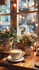 Fototapeta na wymiar A cozy scene of a coffee latte served in a cafe setting