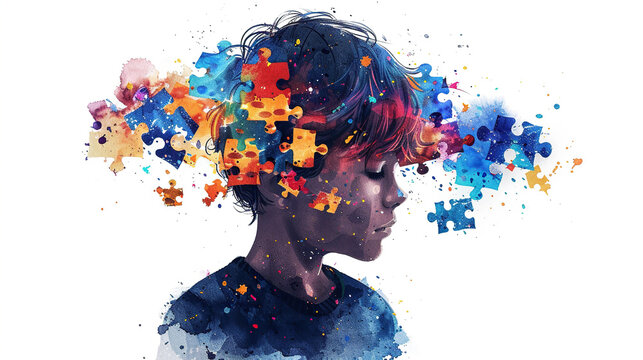 World autism awareness day card or banner, autistic kid with colorful puzzle illustration, a child with autism, Can be used for banners, backgrounds, badge, icon, medical posters, brochures, print