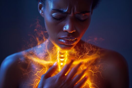 Digital composition of a woman experiencing intense neck pain with glowing graphics indicating inflammation