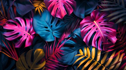 A creative layout featuring tropical leaves in fluorescent colors, arranged in a flat lay style for a bold neon nature concept