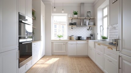 Fototapeta na wymiar White scandinavian interior design of kitchen