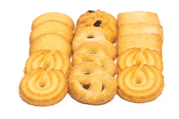 Group of assorted of danish butter cookies isolated on white background clipping path
