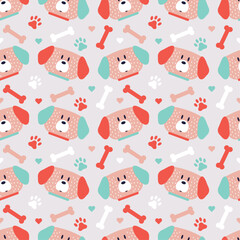Obraz premium Seamless pattern with cute colorful dogs on a background of bones, hearts and dog paws. Vector illustration in flat style 