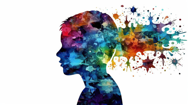 World autism awareness day card or banner, autistic kid  with colorful watercolor paint art background 