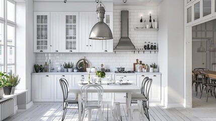 White scandinavian interior design of kitchen - obrazy, fototapety, plakaty