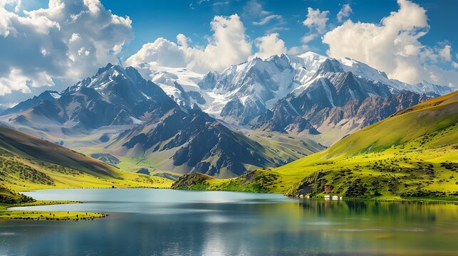 This is a beautiful landscape image of a mountain lake. The water is a deep blue color and the sky is a clear blue. The mountains are covered in snow.