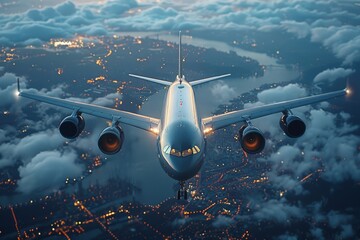 A mesmerizing shot of an airplane in flight above illuminated cityscape against the backdrop of a...
