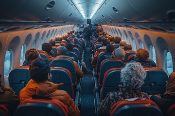 A high-quality image showcasing the interior of an airplane filled with passengers, capturing the pre-flight mood and experience
