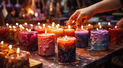 A creative lesson in making fashionable candles with your own hands. A workshop for making scented candles. - obrazy, fototapety, plakaty