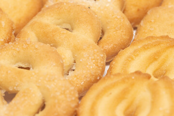 Close-up group of assorted of danish butter cookies isolated on white background clipping path