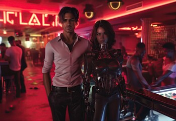 Generative AI of Human Male and Android Love in a Bar concept for Sci-Fi Dating, Embracing the Future, Robotic Companions, and Advanced Emotional AI - 757990218