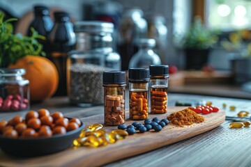 A variety of vitamin supplements and capsules displayed on a wooden spatula in a modern kitchen setting with natural elements