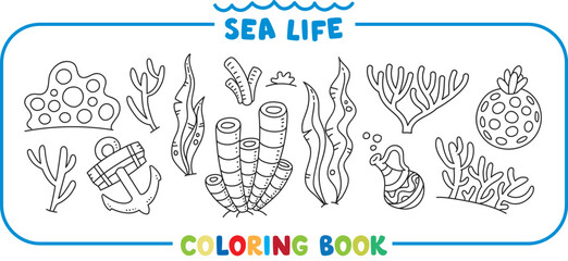 Sea theme. Big coloring book set. Kids vector - 757990432