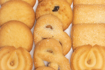 Close-up group of assorted of danish butter cookies isolated on white background clipping path