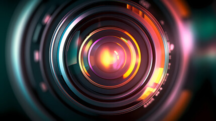 Professional camera lens with colorful bokeh lights - obrazy, fototapety, plakaty