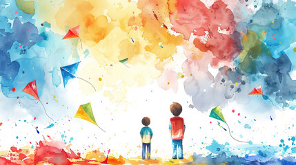 World autism awareness day card or banner, autistic kid looking at colorful kites isolated on white background, watercolor, handdrawn , ai generated 