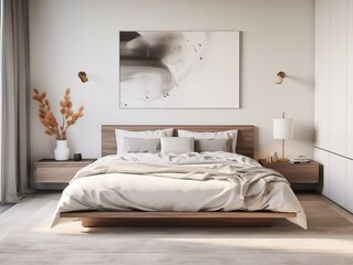 Fototapeta na wymiar modern bedroom that serves as a sanctuary of calm and minimalist luxury. This space is designed with a refined aesthetic, featuring a monochromatic color scheme with subtle textures and sophisticated