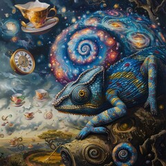Galactic Chameleon Eyes Merging with a Whimsical Landscape of Melting Clocks and Floating Teacups