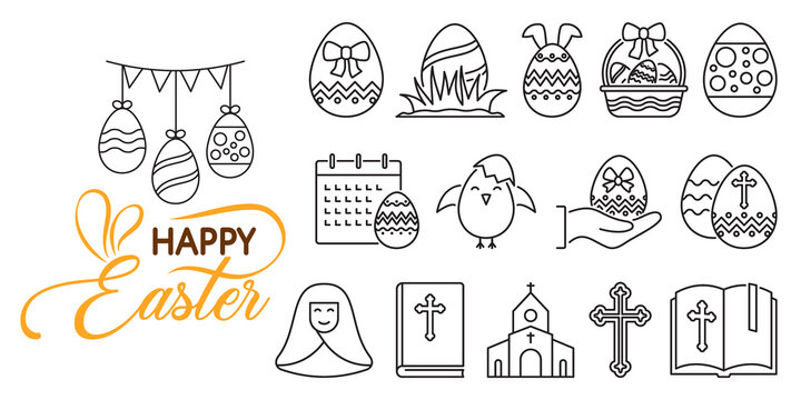 Happy Easter line icons set. linear style symbols collection outline signs pack. vector graphics. Set includes icons as egg decoration, calendar day, rabbit, Easter eggs basket, invitation card, chick