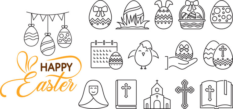 Happy Easter line icons set. linear style symbols collection outline signs pack. vector graphics. Set includes icons as egg decoration, calendar day, rabbit, Easter eggs basket, invitation card, chick
