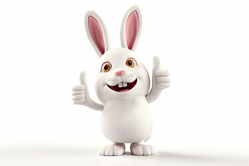 3D rendering of a cute happy easter bunny character smiling and showing a thumbs up gesture isolated on a white background