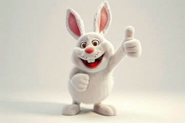 Obraz na płótnie Canvas 3D rendering of a cute happy easter bunny character smiling and showing a thumbs up gesture isolated on a white background