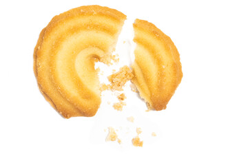 Crashed of danish butter cookies the vanilla ring cookie with crumble top view isolated on white background clipping path