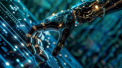 3D rendering of a robotic hand interacting with a digital interface.