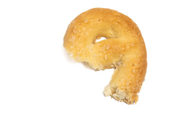 Broken of danish butter cookies the pretzel cookie top view isolated on white background clipping path