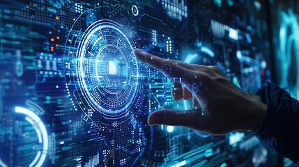 A finger is touching a digital screen with a futuristic interface with a glowing blue circle in the center.