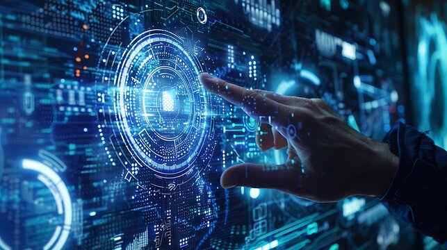 A finger is touching a digital screen with a futuristic interface with a glowing blue circle in the center.