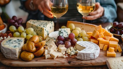 Family and friends sharing a delightful assortment of cheeses in a joyful mood