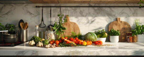 Vegan cooking in modern kitchen with vegetables on marble.