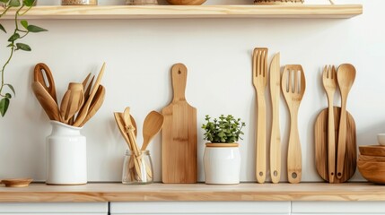 A modern minimalist kitchen with eco-friendly bamboo utensils and zero waste products, promoting...