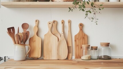 A modern minimalist kitchen with eco-friendly bamboo utensils and zero waste products, promoting sustainable living